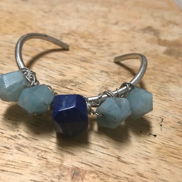 Lapis Lazuli Aquamarine Sterling Silver 925 Cuff Bracelet Handmade Gemstone - Picture 3 of 7